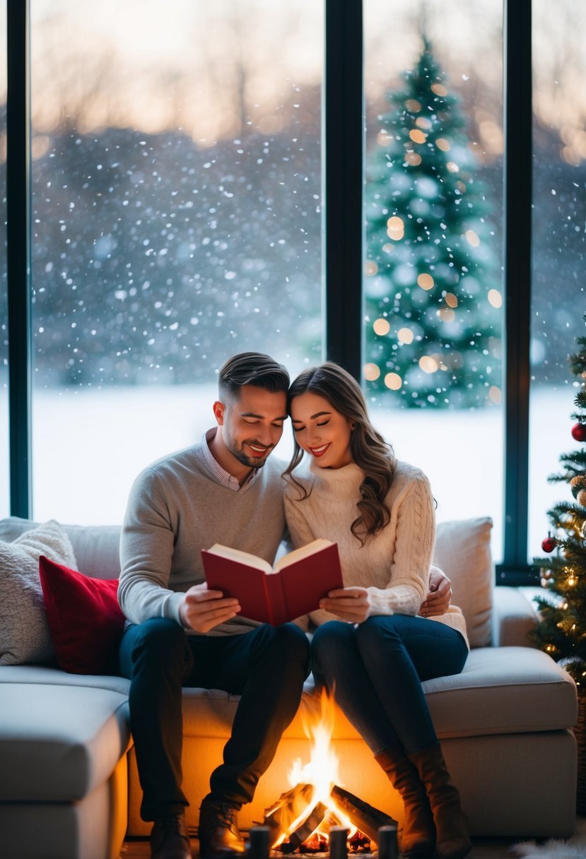 A couple sits by a crackling fireplace, reading holiday stories together. Outside, snow falls softly, creating a romantic atmosphere for their Christmas date