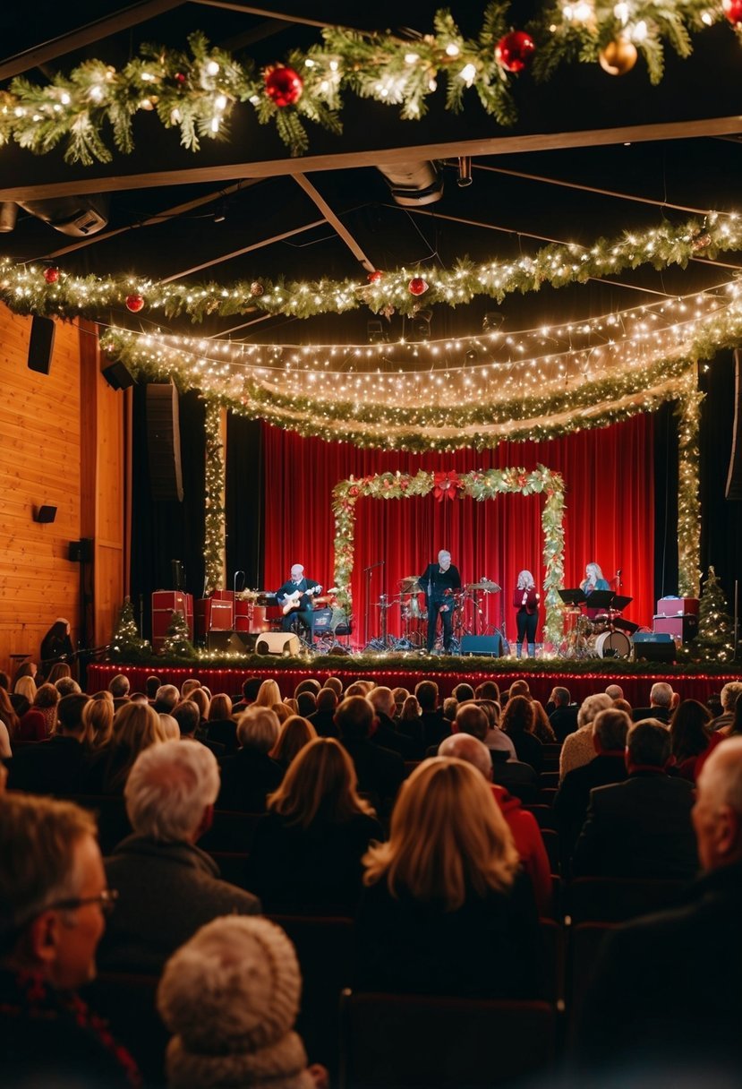 A cozy holiday concert with twinkling lights and a stage adorned with festive decorations, creating a romantic atmosphere for a Christmas date