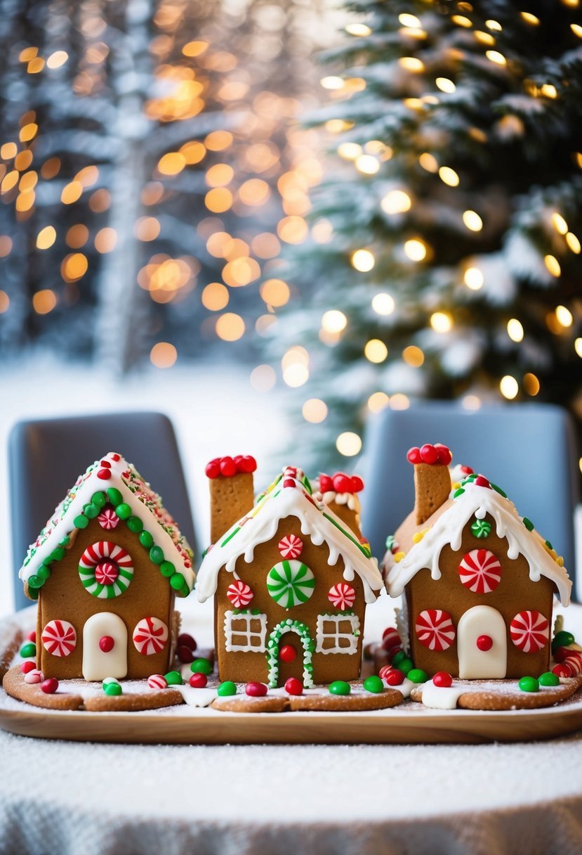 A cozy table with gingerbread houses, icing, and candy decorations, surrounded by twinkling lights and a snowy winter landscape