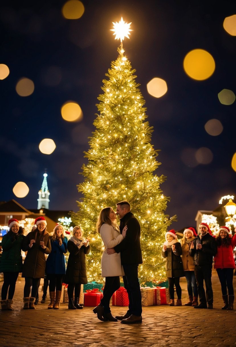 A couple stands under a twinkling tree, surrounded by festive lights and cheerful onlookers, as the night sky glows with the warmth of the holiday season