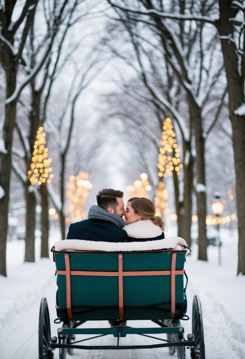 A couple snuggles under a warm blanket in a horse-drawn sleigh, surrounded by snow-covered trees and twinkling holiday lights